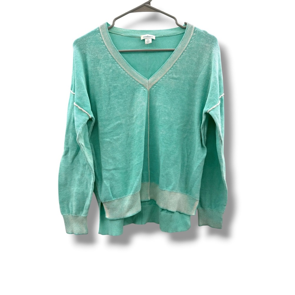 Sundance Samantha V-Neck Sweater Womens SP Seafoam Green Acid‎ Wash Seam Detail